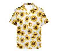 Unique Printed Funky Hawaiian Shirt Men Short Sleeve Shirt Top Blouse for Summer, Yellow Sunflower White, Large