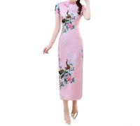 Unique Printed Women's Cheongsam Dress with Short Sleeves, Perfectly Suited for Spring Gatherings (S Pink)