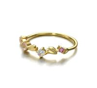 Unique Rings for Women, 14K Gold Rings Small Fresh Petals with Colorful Round Opal Powder Crystal Size S 1/2