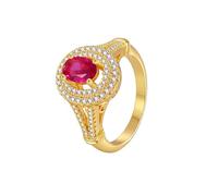 Unique Rings for Women, The Wedding Band 18K Yellow Gold Elegant with Red Oval Lab Created Ruby Size J 1/2