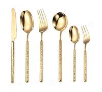 Unique Round Handle Kitchen Stainless Steel Silverware Tableware Flatware Cutlery Set Steak Knife Fork Spoon Teaspoon (Gold,6 Pieces)
