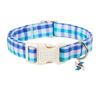 Unique style paws Blue Check Dog Collar, Spring Summer Adjustable Cotton Dog Collar with Pinwheel Charm, Quick Release Buckle, Strong Metal D Ring, Blue Plaid Dog Collar for Small Medium Large Dogs