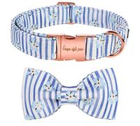 Unique style paws Dog Collar with Tie Blue Strip &Flower Puppy Collar Comfy Soft Bowtie Dog Collar Best Gift for Small Medium Large Dogs-L