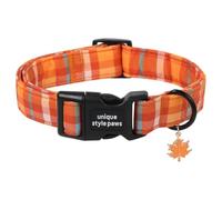 Unique style paws Fall Plaid Dog Collar, Adjustable Cotton Dog Collar with Maple Leaf Charm, Quick Release Buckle, Strong Metal D Ring, Orange Tartan Dog Collar for Small Medium Large Dogs