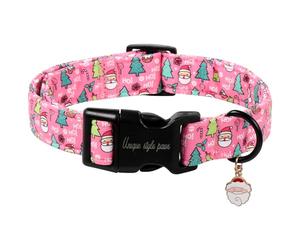 Unique style paws Pink Christmas Dog Collar with Santa Claus Charm, Adjustable Christmas Tree Pet Collar for Small Medium Large Dogs