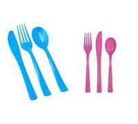 Unique UK 39492 Royal Blue Assorted Plastic Cutlery Set 18 Pcs, Pack of 18 & 39490 Re-Usable Plastic Cutlery Set, Hot Pink, Pack of 18