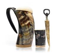 Unique Viking Drinking Horn Mug Set with Cool Shot Glass & Opener for Beer, Whiskey, ale. Ox Horn Cup, 16-20 oz for Men & Women- Ideal for Christmas, Birthday, Occasions and Home Decor. (Simple)