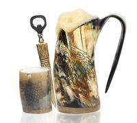 Unique Viking Drinking Horn Mug Set with Cool Shot Glass & Opener for Beer, Whiskey, ale. Ox Horn Cup, 16-20 oz for Men & Women- Ideal for Christmas, Birthday, Occasions and Home Decor. (Wolf)