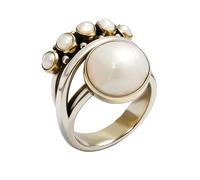 Unique Vintage 10 mm Simulated Pearl Ring for Women Fake 3-Piece Ring Set 3 Layers Interlocking Ring Interlocked Line with Stacking Rings Wedding Band Statement Cocktail, 7#, Silver, Pearl
