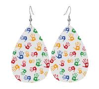 Unique Waterdrop Leather Earrings Fashion Dangle Earrings Jewelry Accessory Colorful Hand Shapes Rainbow Print