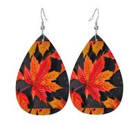Unique Waterdrop Leather Earrings Fashion Dangle Earrings Jewelry Accessory Fall Red Leaves Print