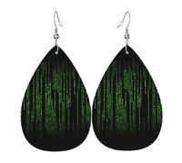 Unique Waterdrop Leather Earrings Fashion Dangle Earrings Jewelry Accessory Green Number Binary Print