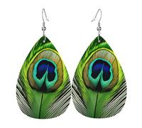 Unique Waterdrop Leather Earrings Fashion Dangle Earrings Jewelry Accessory Green Peacock Feather Print