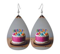 Unique Waterdrop Leather Earrings Fashion Dangle Earrings Jewelry Accessory Happy Birthday Cake Print