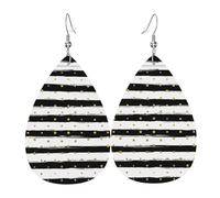 Unique Waterdrop Leather Earrings Fashion Dangle Earrings Jewelry Accessory Ink and Gold Dot Stripes Print