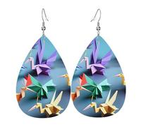 Unique Waterdrop Leather Earrings Fashion Dangle Earrings Jewelry Accessory Origami Papercraft Cranes Print
