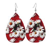 Unique Waterdrop Leather Earrings Fashion Dangle Earrings Jewelry Accessory Red Flower and White Daisy Print