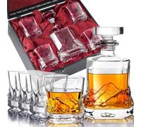 Unique Whiskey Decanter Set with Glasses in Wooden Box - mt Everest Expedition Theme - 750ml Airtight Bourbon Decanter with 4 Heavy Scotch Glasses w/Mountain pattern - Whiskey Decanter Sets for Men