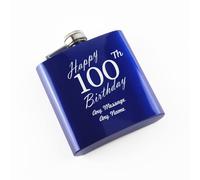 Uniqueful Personalised Happy 100th Birthday Engraved 6oz Blue Steel Hip Flask Uniqueful Blue