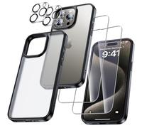 UniqueMe 5 in 1 for iPhone 15 Pro Case, [Never Yellowing] Black Phone Case Cover [1 Shockproof Protective Case+2 Tempered Glass Screen Protector+2 Camera Lens Protectors] [Military Grade Protection]