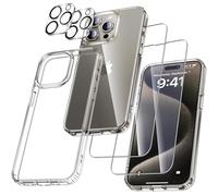 UniqueMe 5 in 1 for iPhone 15 Pro Case, [Never Yellowing] Clear Phone Case Cover [1 Shockproof Protective Case+2 Tempered Glass Screen Protector+2 Camera Lens Protectors] [Military Grade Protection]