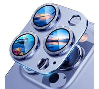 UniqueMe for iPhone 13 Pro/iPhone 13 Pro Max Camera Lens Protector, Metal Ring Tempered Glass Rear Camera Screen Cover - Light Blue (Bling Circle)