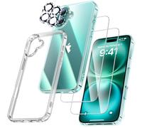 UniqueMe Mobile Phone Case for iPhone 16, 5-in-1 Set, All-Round Protection Cover, 1 Mobile Phone Case, 2 Screen Protectors, 2 Camera Protection, Transparent