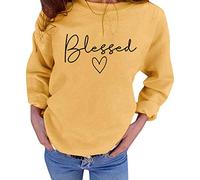 UNIQUEONE Blessed Sweatshirt for Women Letter Print Lightweight Thanksgiving Pullover Tops Blouse - Yellow - X-Large