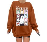 UNIQUEONE Halloween Spooky Season Sweatshirt Women: Oversized Black Cat Ghost Sweatshirts Fall Embroidered Pullover Top, Brown, Large