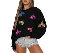 UNIQUEONE Oversized Sequins Bow Sweatshirt - Women Magic Kingdom Sweater Pastel Graphic Coquette Tee Holiday Pullover, New Black, XL