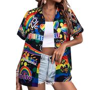 UNIQUEONE Pride Outfits for Women LGBT Shirts - Rainbow Graphic Tees Inspirational V Neck T-Shirt Short Sleeve Button up Tops, Black, XXL