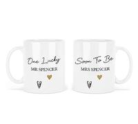 UNIQUEPGIFTS Engagement Gift for a Couple, Soon to Be Mrs, One Lucky Mr, Personalised Couple Newly Engaged Keepsake, 11Oz Ceramic Mug Set x 2