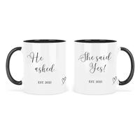 UNIQUEPGIFTS Engagement Gift for Couples Mugs, He Asked She Said Yes, Established 2025, Friends Engaged Keepsake, Congratulations Present, White with Black Handle, Set of 2