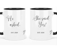 UNIQUEPGIFTS Engagement Gift for Couples Mugs, He Asked She Said Yes, Established 2026, Friends Engaged Keepsake, Congratulations Present, White with Black Handle, Set of 2