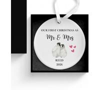 UNIQUEPGIFTS First Christmas as Mr and Mrs Bauble, 1st Christmas Married Ornament, Personalised Newlywed Tree Decoration, Hanging Ceramic Ornament with Ribbon