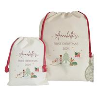 UNIQUEPGIFTS Personalised First Christmas Santa Sack, Baby's 1st Xmas Stocking, Luxury Linen Gift Bag (L)