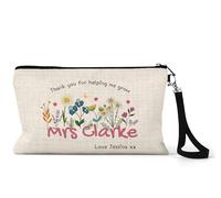 UNIQUEPGIFTS Personalised Teacher Pencil Case, Gift for Teaching Assistants, Nursery Workers, Childminders, Thank You for Helping Me Grow, with Floral Design, 15 x 24 cm Linen Pouch with Strap