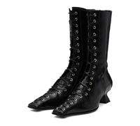UniqueStride Womens Lace up Mid Calf Boots Pointed Square Toe Kitten Heel Vintage Witch Granny Booties Cosplay Costume Shoes, Black, 8.5 UK