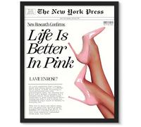 uniro Life Is Better In Pink Poster, Vintage Newspaper Teen Girl Room Wall Decor, Pink Prints For Room, Girly Bedroom Decor, Newspaper Wall Art - 8x10 Unframed