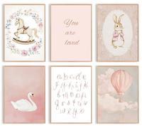 Uniro Pink Nursery Wall Decor Art Prints, Vintage Baby Girl Nursery Room Decor, Cute Baby Girl Room Decor Swan Bunny Hot Air Balloons Alphabets Canvas Painting, Antique Nursery Poster for Little