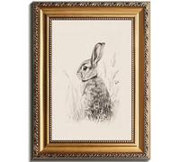 uniro Vintage Gold Framed Wall Art, Farmhouse Decor Easter Bunny Sketch Canvas Art Prints Painting, Antique Neutral Rabbit Drawing Picture Wall Decor, Rustic Animal Woodland Nursery Frame Art for