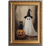 uniro Vintage Gold Framed Wall Art, Vintage Cute Ghost & Black Cat in Dark Fall Forest Halloween Painting, Spooky Halloween Wall Art Prints Ghost Decor, Witchy Moody Pumpkin Ghost Posters Country