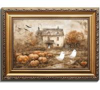 uniro Vintage Gold Framed Wall Art, Vintage Cute Ghosts Haunted Halloween Painting, Spooky Pumpkin Patch Halloween Wall Art Prints Ghost Decor, Farmhouse Ghost Posters Country Cottage Fall Decor for
