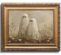 uniro Vintage Gold Framed Wall Art, Vintage Cute Ghosts in Wildflower Meadow Canvas Painting, Spooky Fall Halloween Wall Art Prints Ghost Decor, Moody Ghost Posters Pictures for Living Room, Bedroom