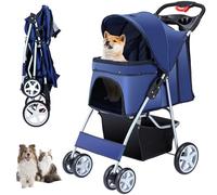 Unisakey 4 Wheels Pet Stroller for Small Medium Dogs Cats 10-33 lbs, Foldable Dog and Cat Stroller with Cup Holder & Storage Basket & Breathable Mesh, Pet Strolling Cart for All-Season, Navy Blue