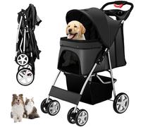 Unisakey 4 Wheels Pet Stroller for Small Medium Dogs Cats 10-33 lbs, Foldable Dog and Cat Stroller with Cup Holder & Storage Basket & Breathable Mesh, Pet Strolling Cart for All-Season, Black