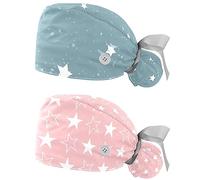 Unisex 2 Psc Scrub Cap with Buttons Sweatband Hats Surgical Caps for Women Men, Light Blue Moon Star
