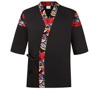 Unisex 3/4 Sleeve Black Sushi Chef Coat Kimono Cardigan Japanese Chef Uniform Red Patchwork Printed Chef Jacket, Black-red, Medium