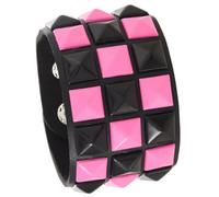 Unisex 3 Row Pyramid Studded Cuff Wristband, Black and Neon Pink, Retro Emo Goth Style