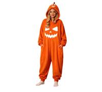 Unisex Adult Flannel Zip Hooded Halloween Jack-o'-lantern Pumpkin Onesie | Front Zipper, Side Hand Pockets, Stretch Ribbed Ankle Cuffs, Thick Soft Flannel, Unisex Adult Halloween Cosplay Loungewear